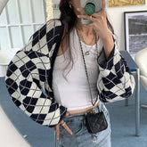 Lizakosht Lattice Sweater Coat Women's Autumn Winter New Korean Style Retro Loose-fitting Short Knitted Cardigan Streetwear